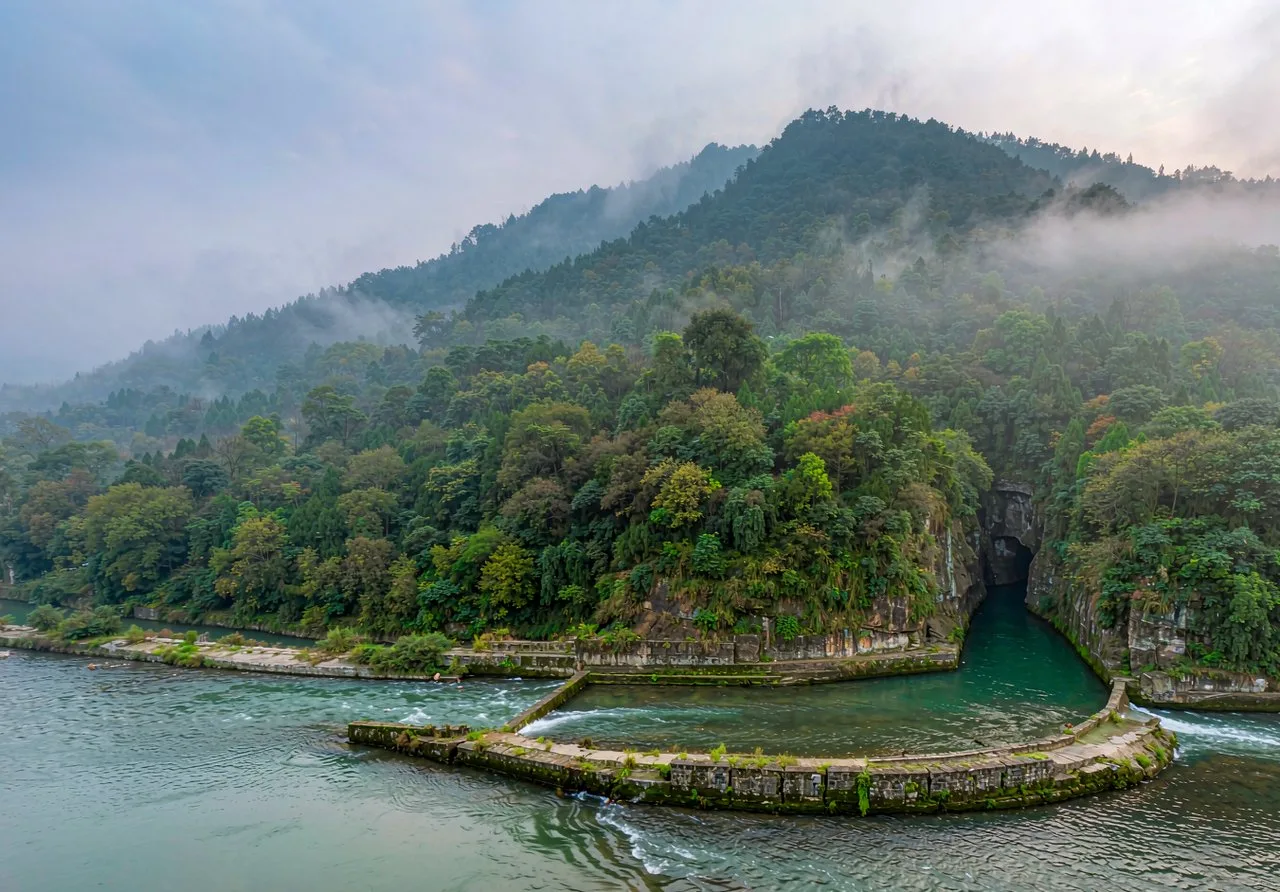 Dujiangyan ancient irrigation system and green mountains