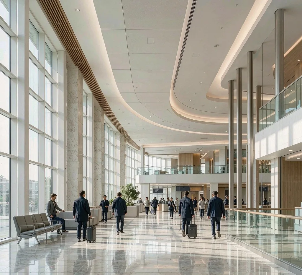 Modern Chinese airport departure hall with travelers and rolling luggage