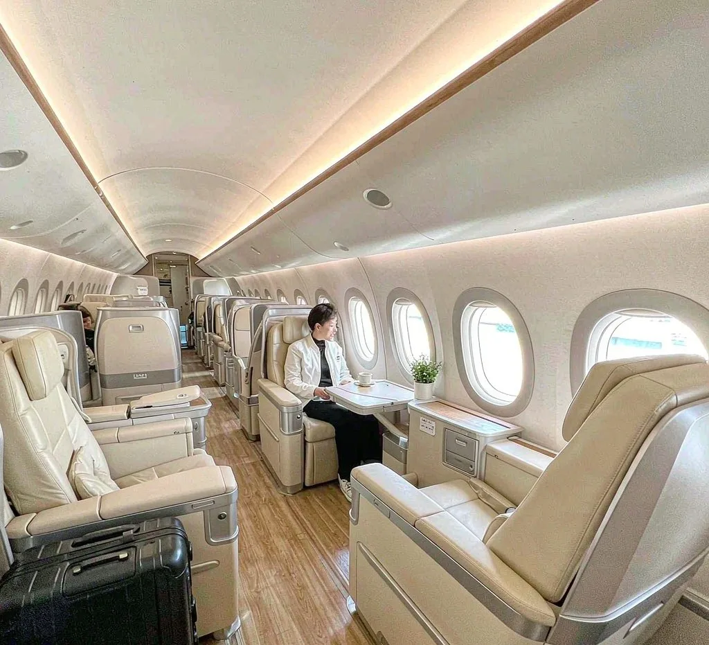 Modern premium cabin interior on a long-haul flight to China