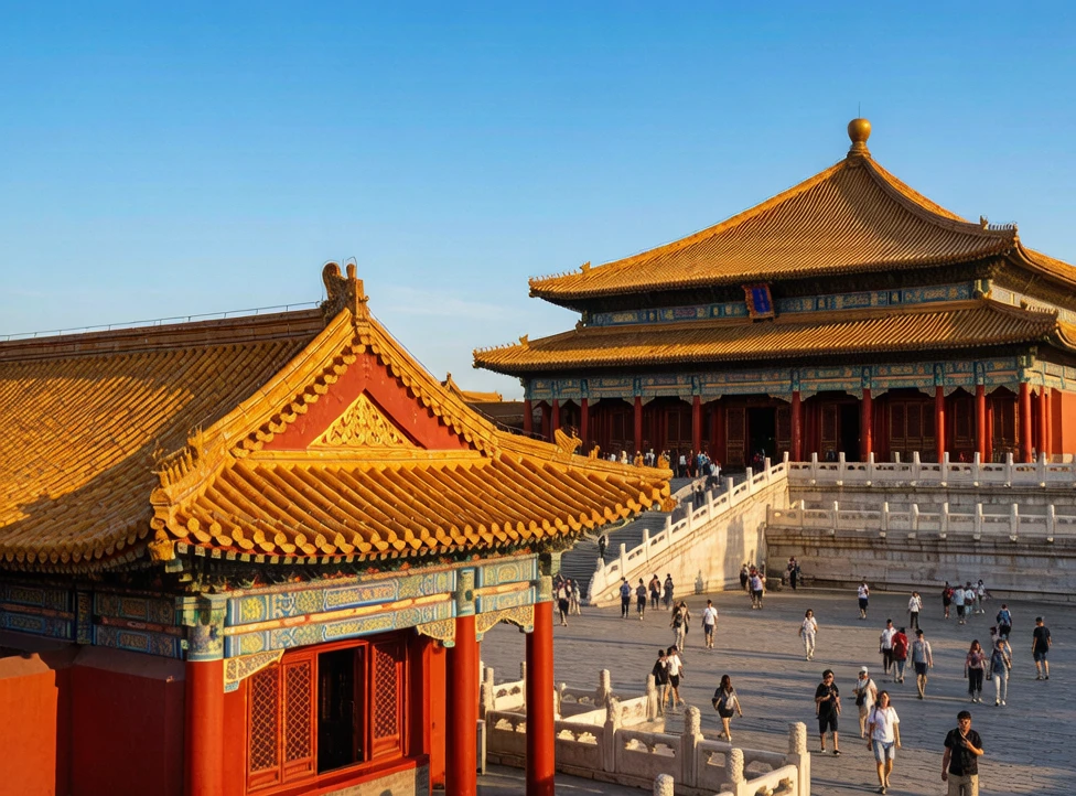 The Forbidden City in Beijing with golden palace roofs and red walls