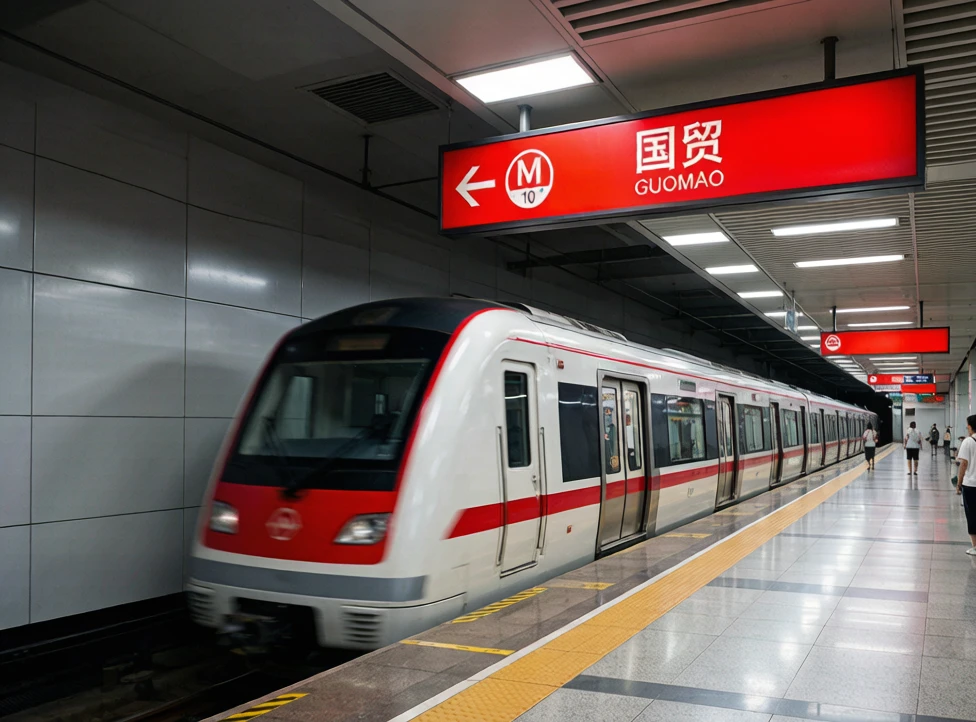 Beijing subway station platform with an arriving metro train