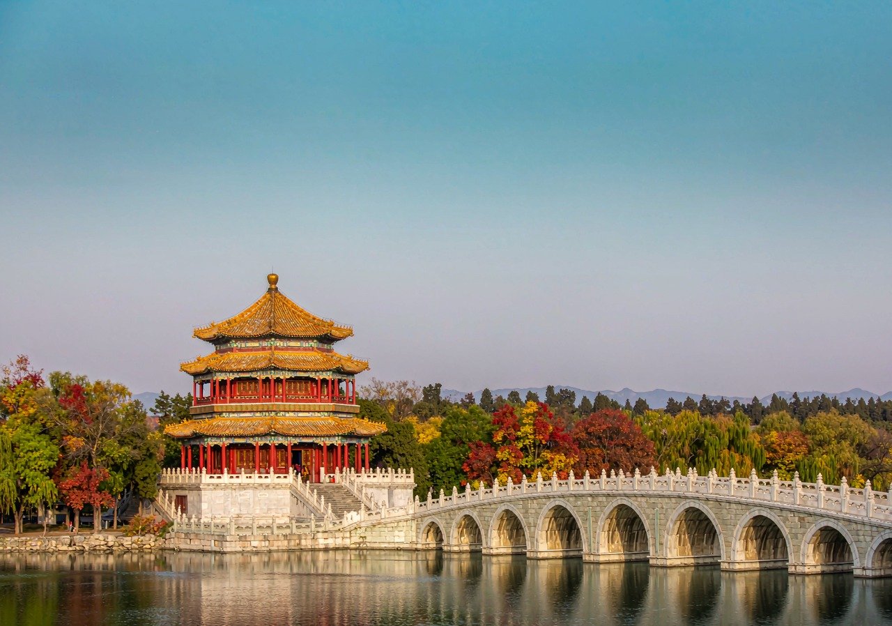 Summer Palace in Beijing — pavilion and marble bridge over Kunming Lake
