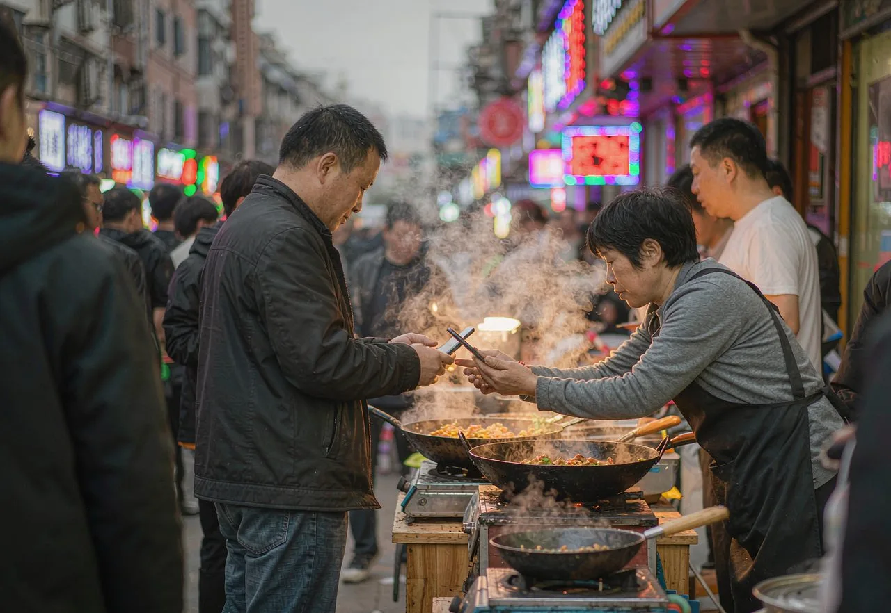 A traveller paying with a phone at a Chinese street-food stall