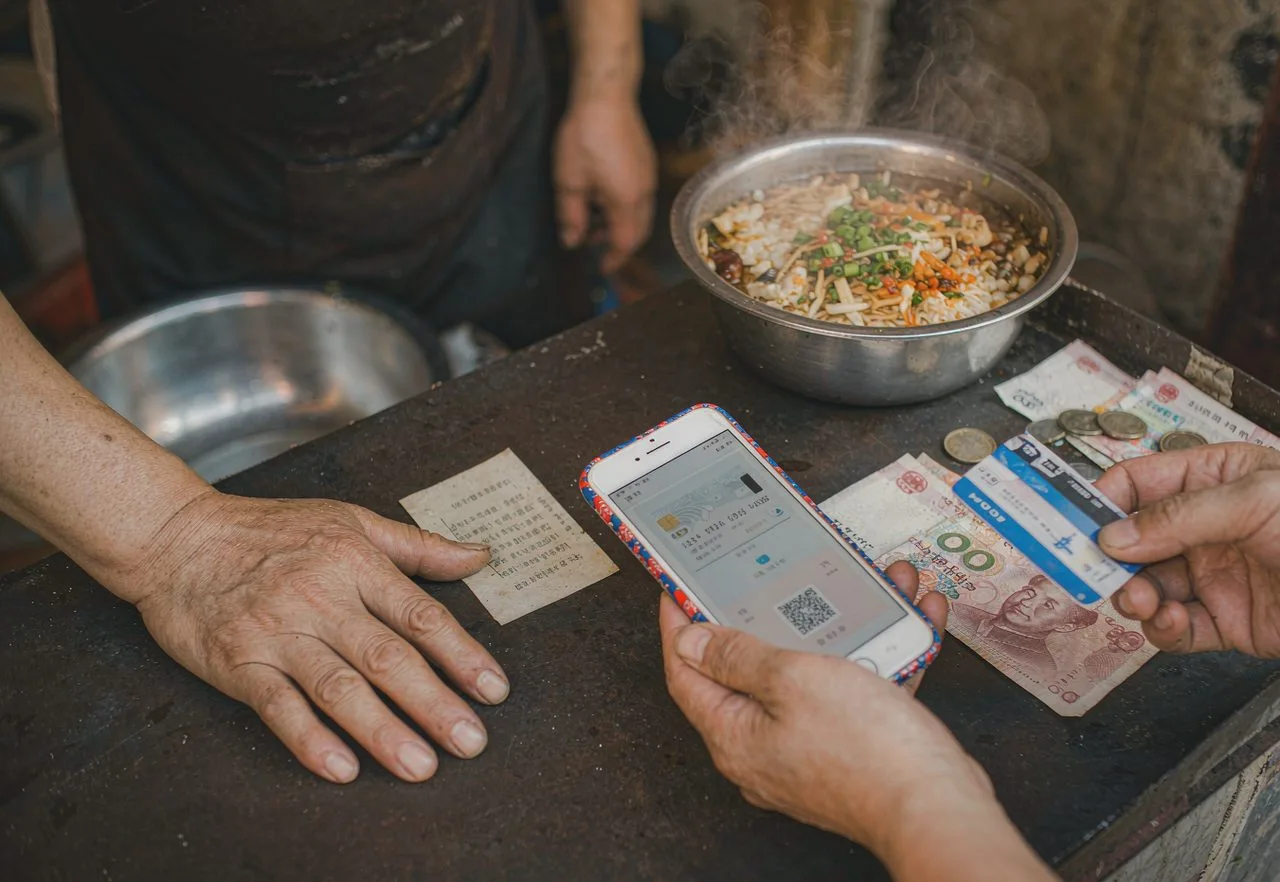 A traveller paying with a card and RMB cash at a Chinese street food stall