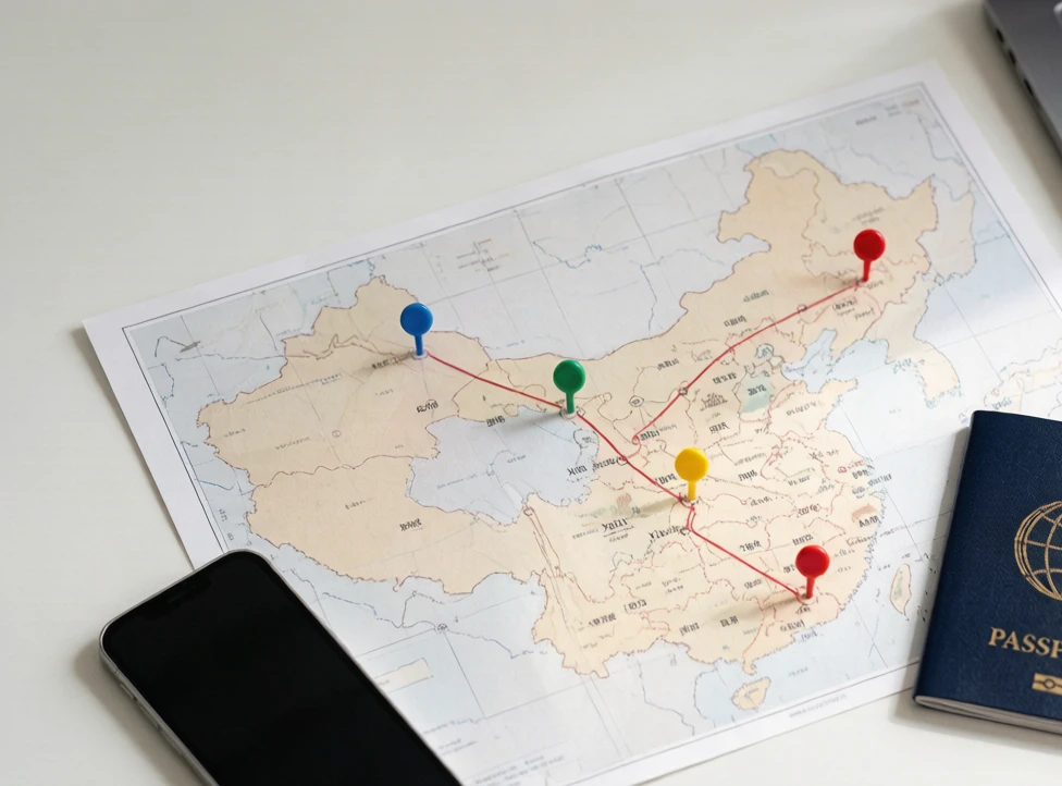 China city route map with pins for Beijing, Shanghai, Chengdu, and Xi'an