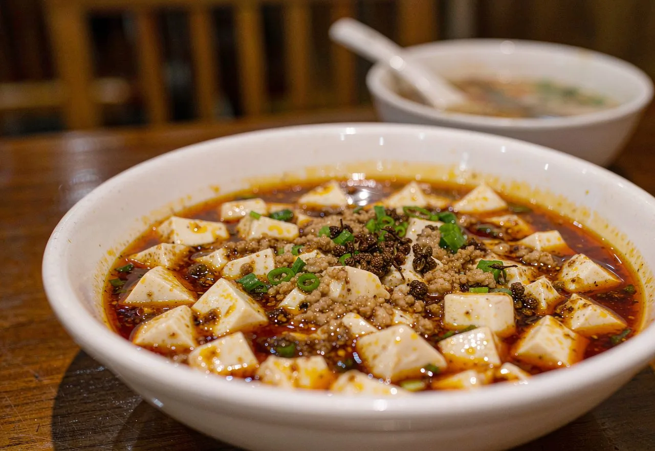 Sichuan mapo tofu with chili oil and Sichuan peppercorns