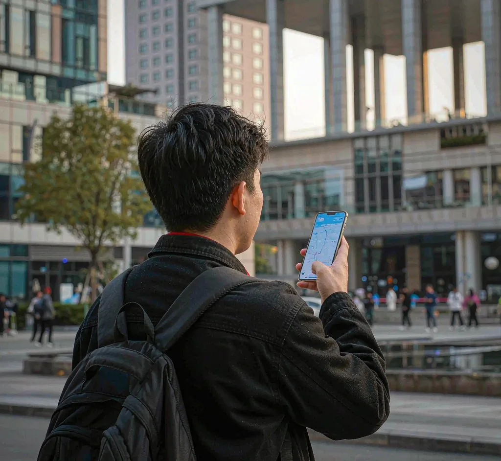 Traveler using the DiDi app on a smartphone in a Chinese city