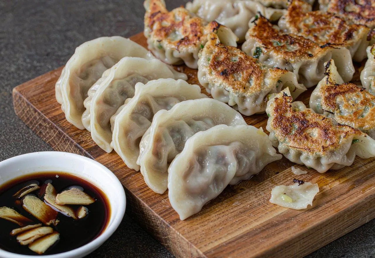Chinese jiaozi dumplings, boiled and pan-fried, with vinegar and ginger