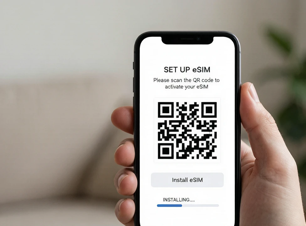 eSIM activation QR code setup on a smartphone