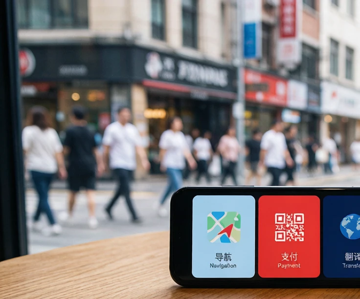 Smartphone showing essential China travel apps: map, mobile payment, and translation