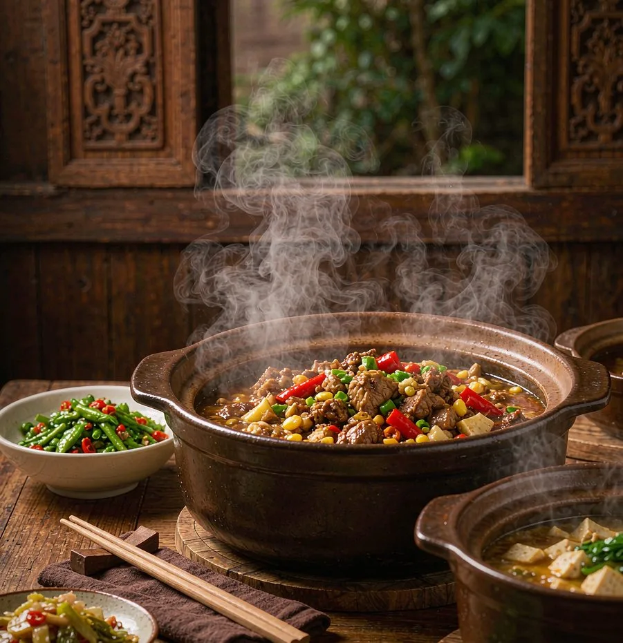 A steaming Tujia three-pot stew in Zhangjiajie