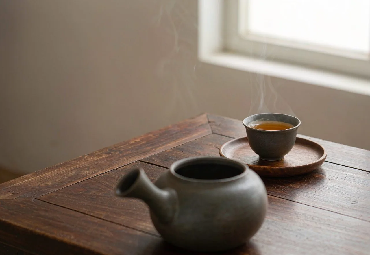 A cup of Chinese tea poured at a wooden table