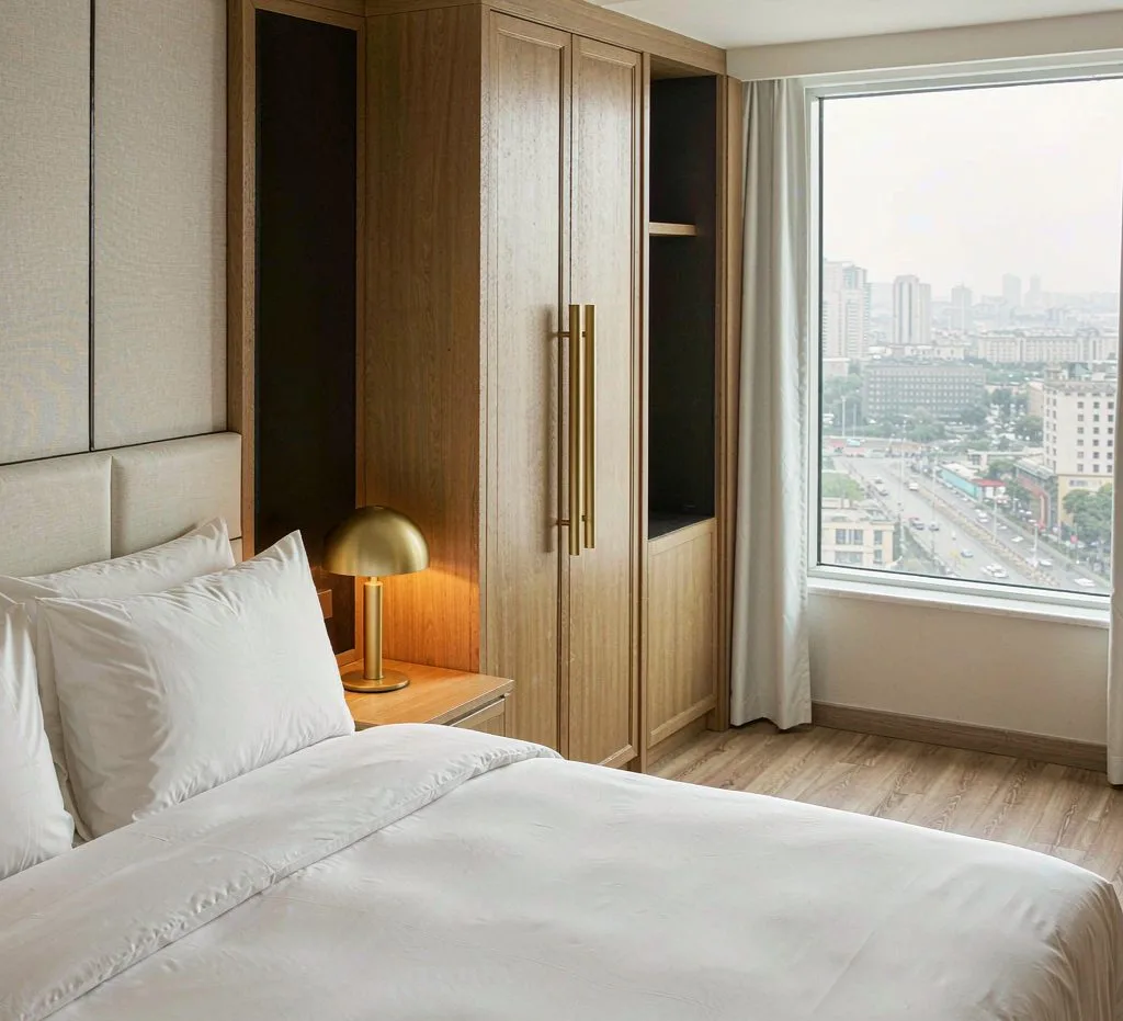A clean mid-range hotel room in a Chinese city, what you get for $60 to $120 a night