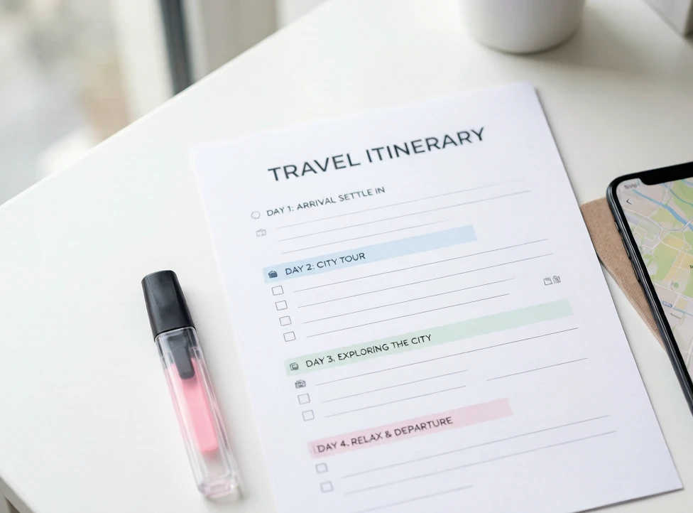 Sample China itinerary template preview on a desk