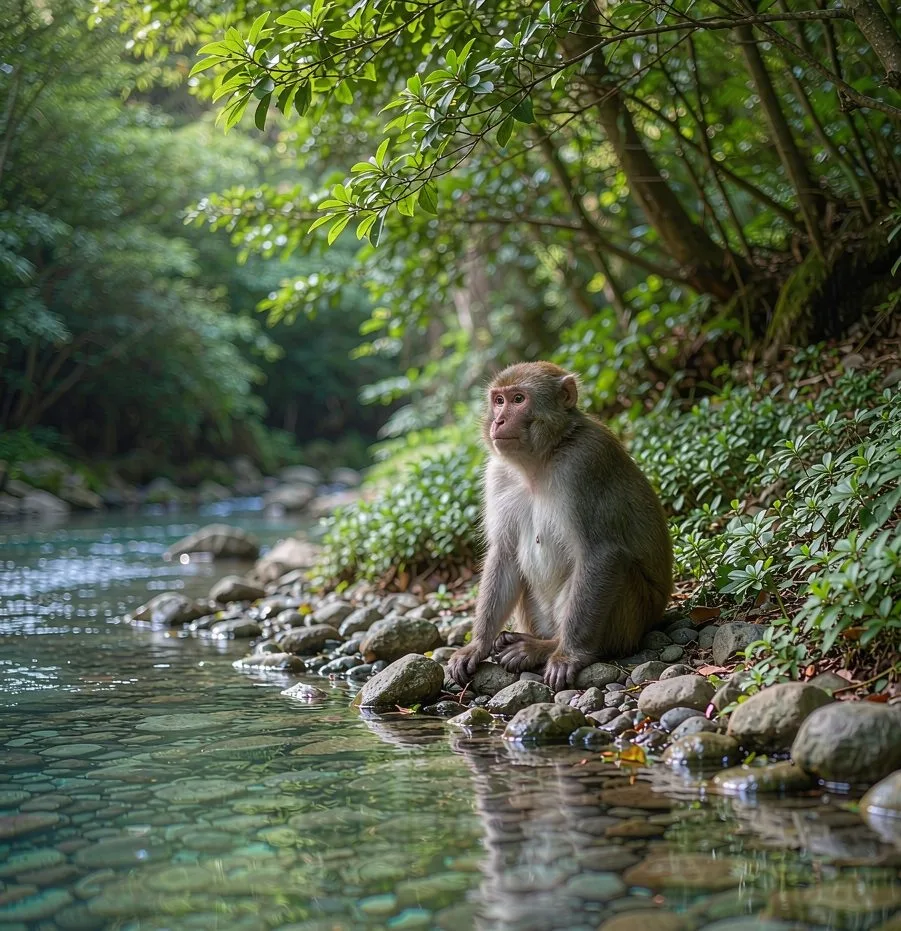 Wild macaque by a clear stream in Jinbianxi