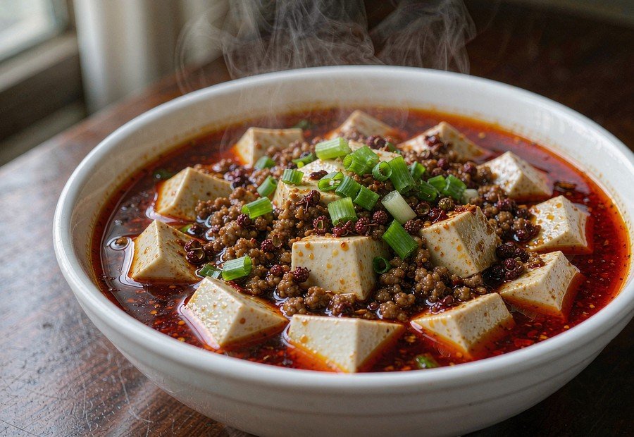 Mapo tofu in a white bowl