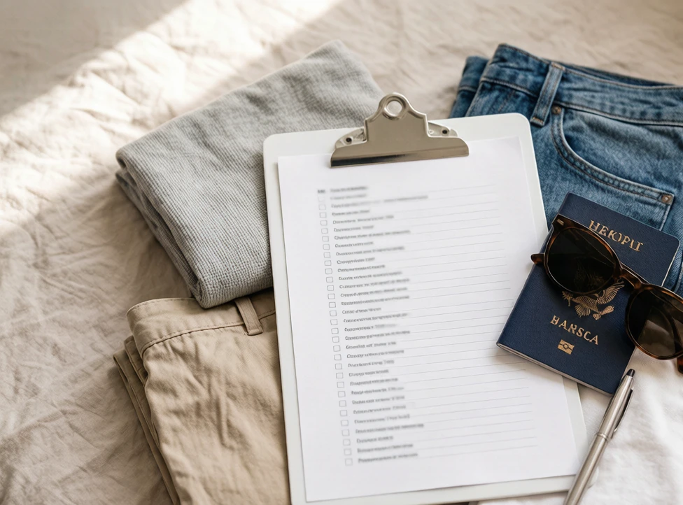 China pre-trip checklist on a clipboard with travel essentials