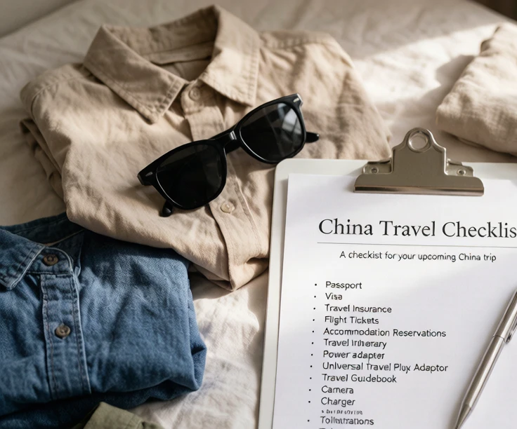 Printable China travel checklist on a clipboard with packing items