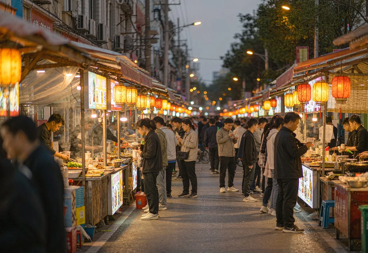 A lively but orderly Chinese night-market street with warm lanterns and calm crowds
