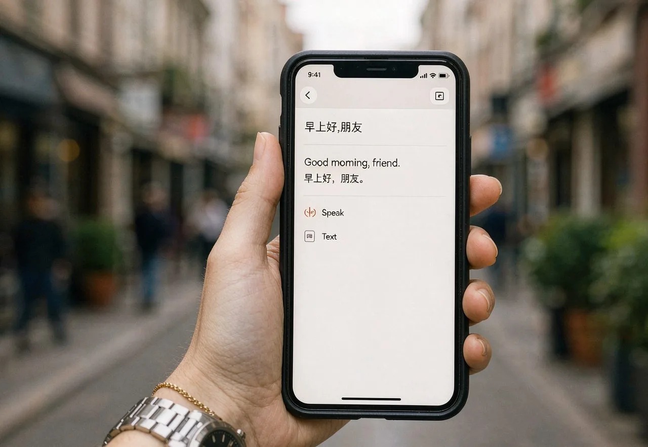 A traveler’s hand holding a phone showing a translation app with Chinese characters