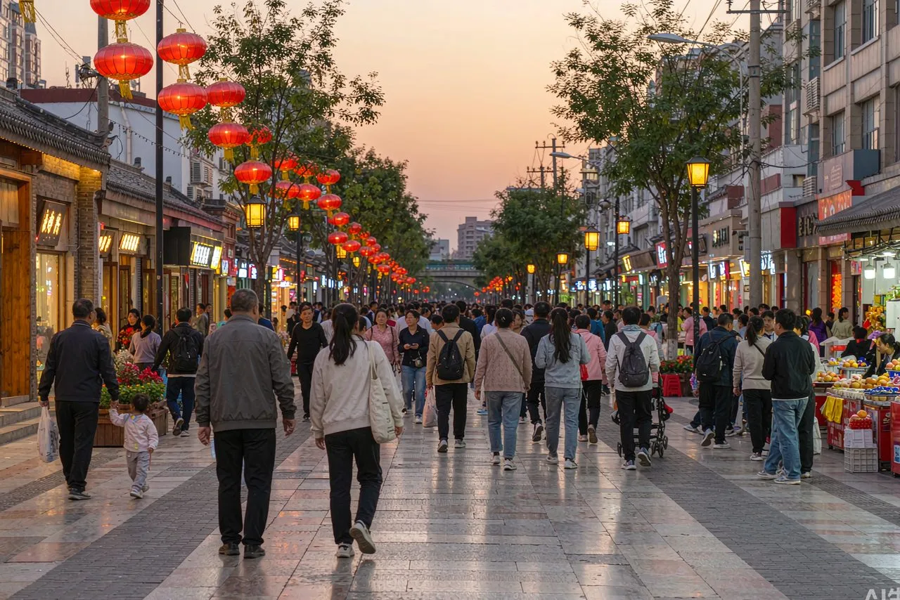 A busy pedestrian street in a Chinese city at dusk — stay alert to common travel scams in China