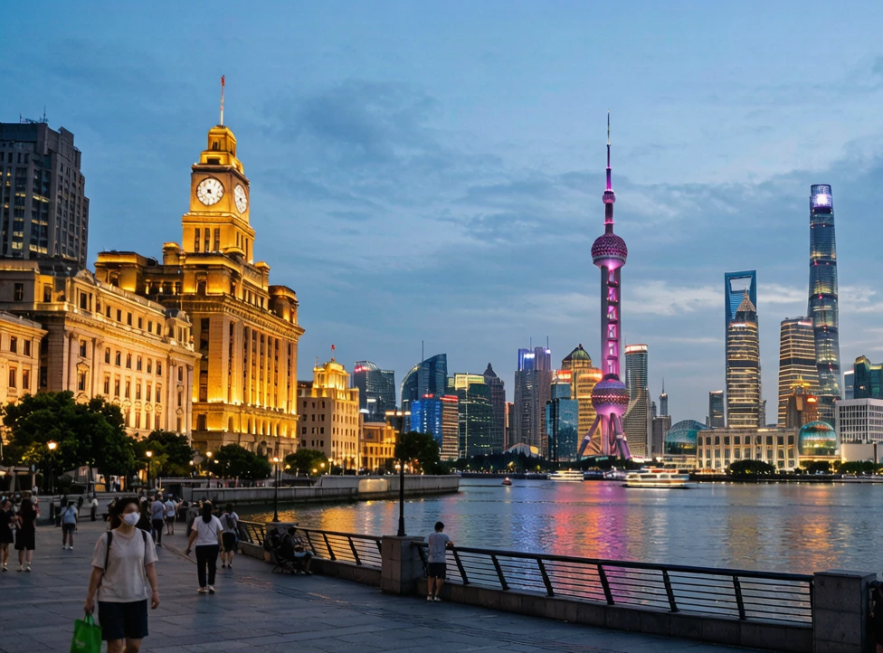 Shanghai Bund skyline at dusk with historic buildings and modern towers