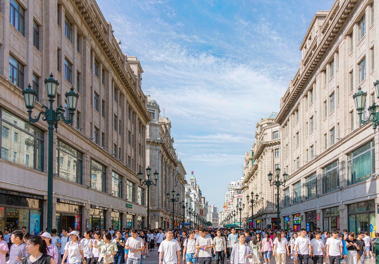 Nanjing Road pedestrian street in Shanghai lined with historic department stores