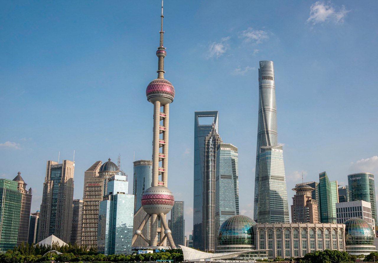 The Pudong skyline with the Oriental Pearl Tower, Shanghai Tower, and Jin Mao Tower
