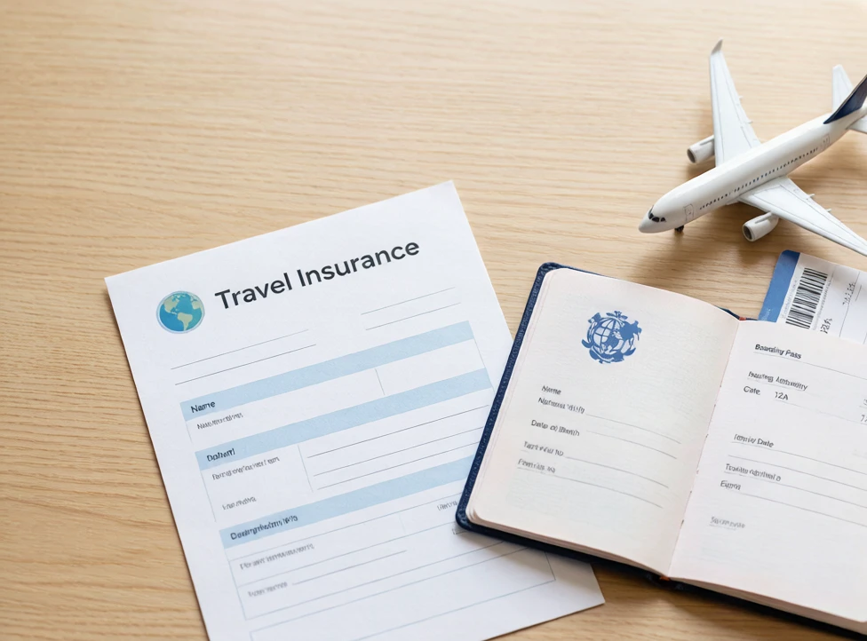 Travel insurance documents with passport and boarding pass