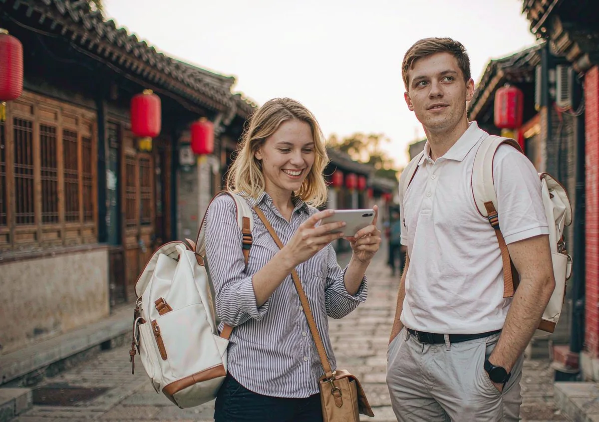 Travellers enjoying an evening in a Chinese old town during a visa-free transit stopover