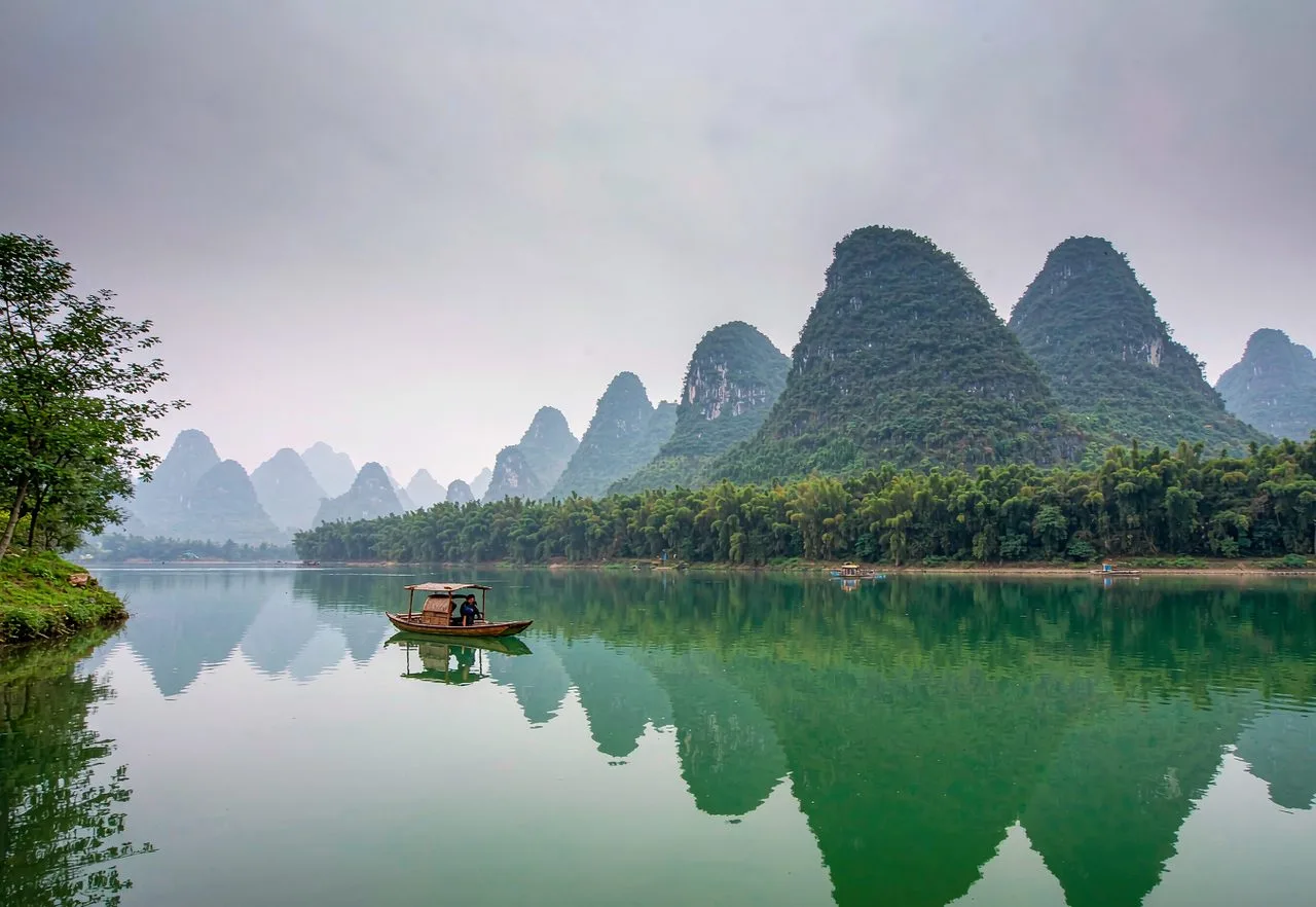 Xingping ancient town on the Li River with karst peaks