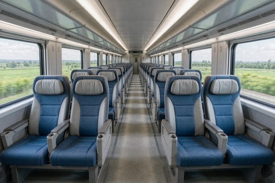Second-class cabin interior on a China high-speed train with rows of seats