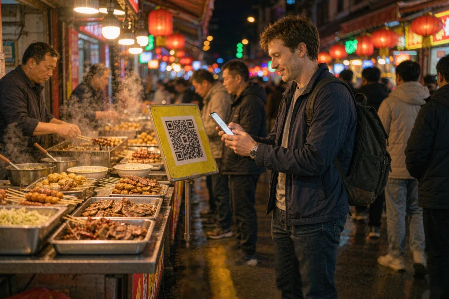 A foreign tourist using a payment app on a smartphone in China