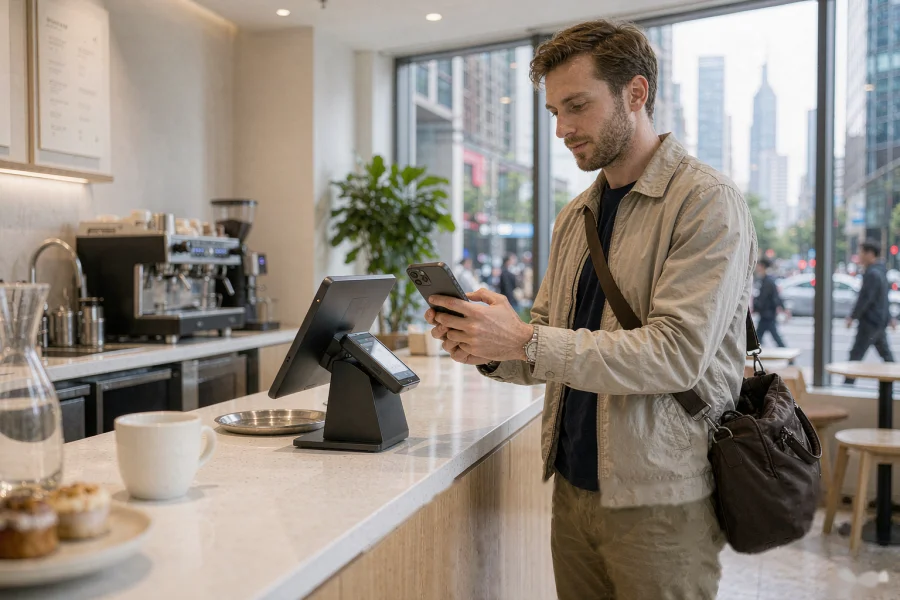 A traveler holding a phone up to scan a QR code to pay in a Chinese shop
