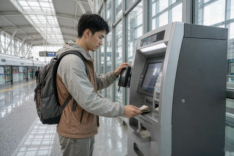 A traveler withdrawing cash from an ATM in China
