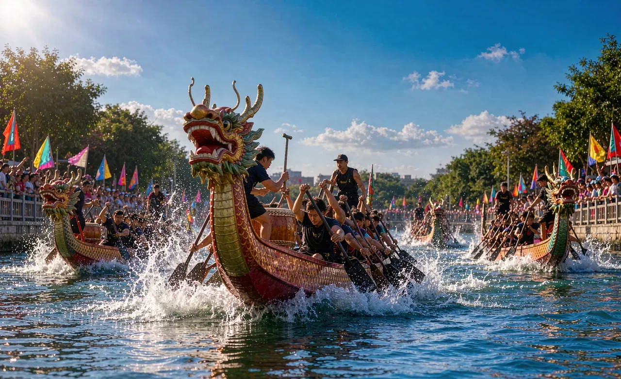 Traditional dragon boats racing on a river during the Dragon Boat Festival