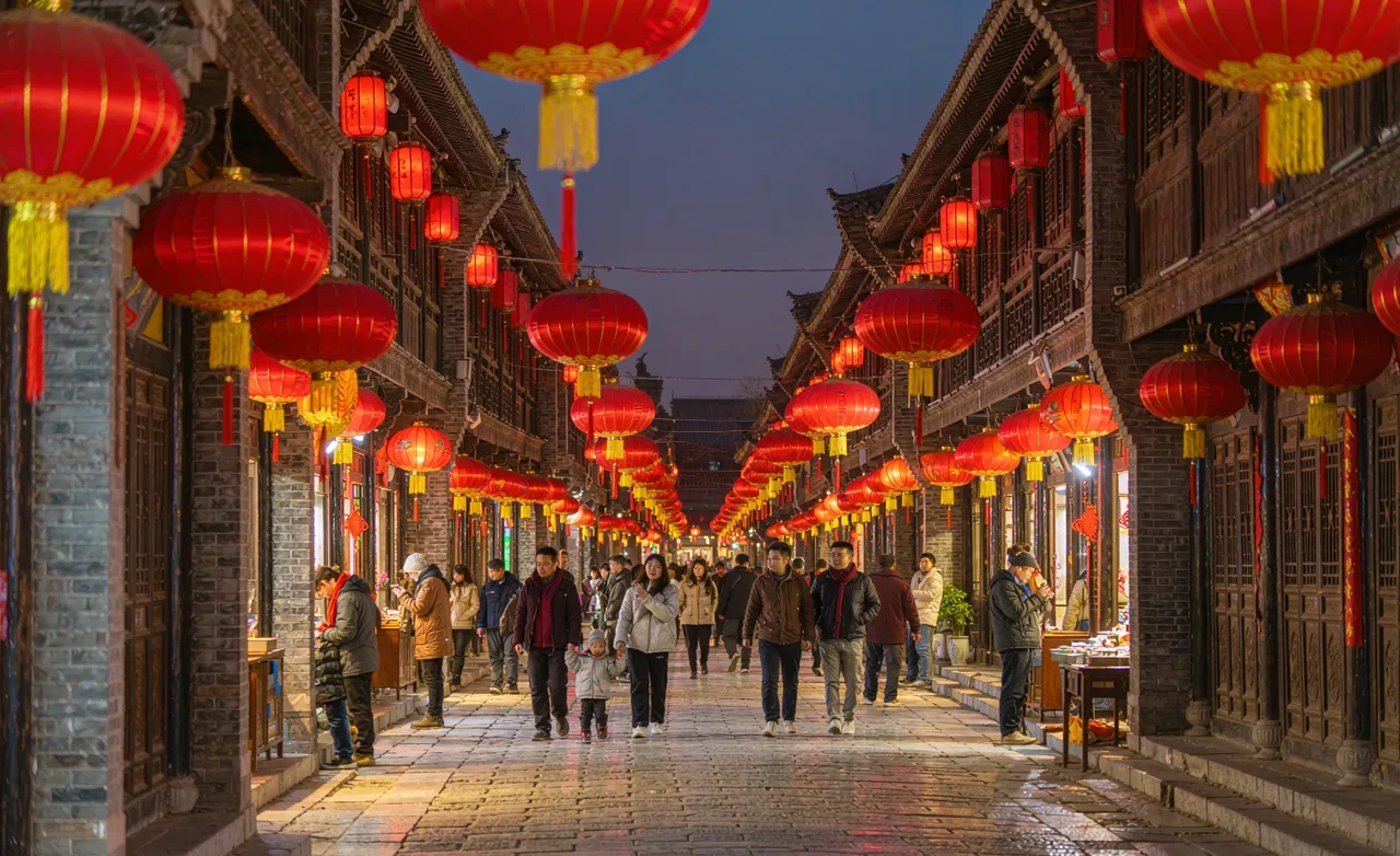 Red lanterns hanging over a Chinese street during Spring Festival celebrations